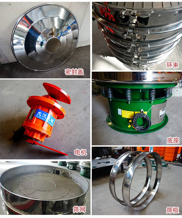 部件包括:密封蓋,環(huán)束,電機,底座,篩網(wǎng),篩框等。