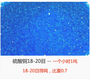 篩分18-20目的硫酸銅 產量一個小時1噸，采用18-20目篩網，比重0.7
